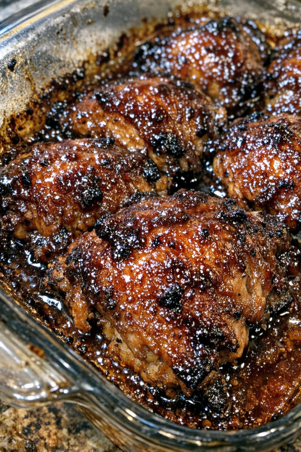 Roasted glazed protein in a glass baking dish