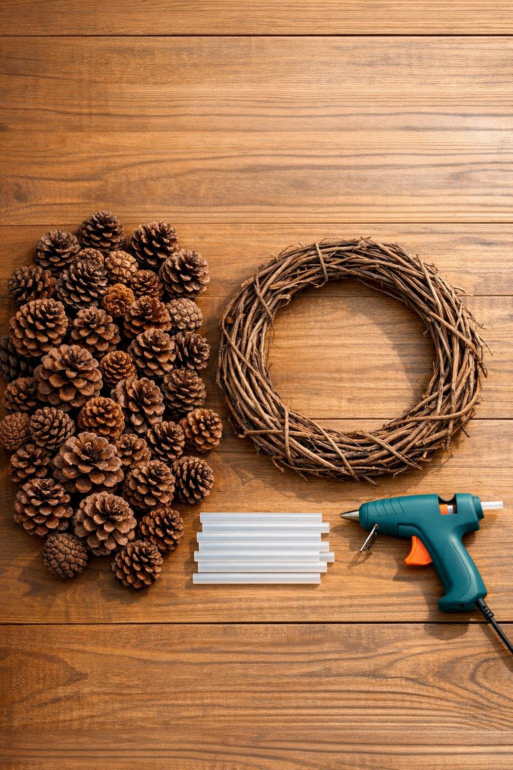 Materials for a pinecone autumn wreath base laid out on a table