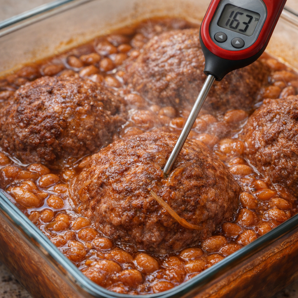 Instant-read thermometer checking a baked beef patty