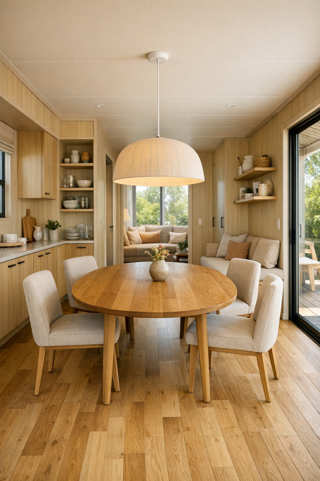Accessible dining room with warm wood table and soft neutral finishes