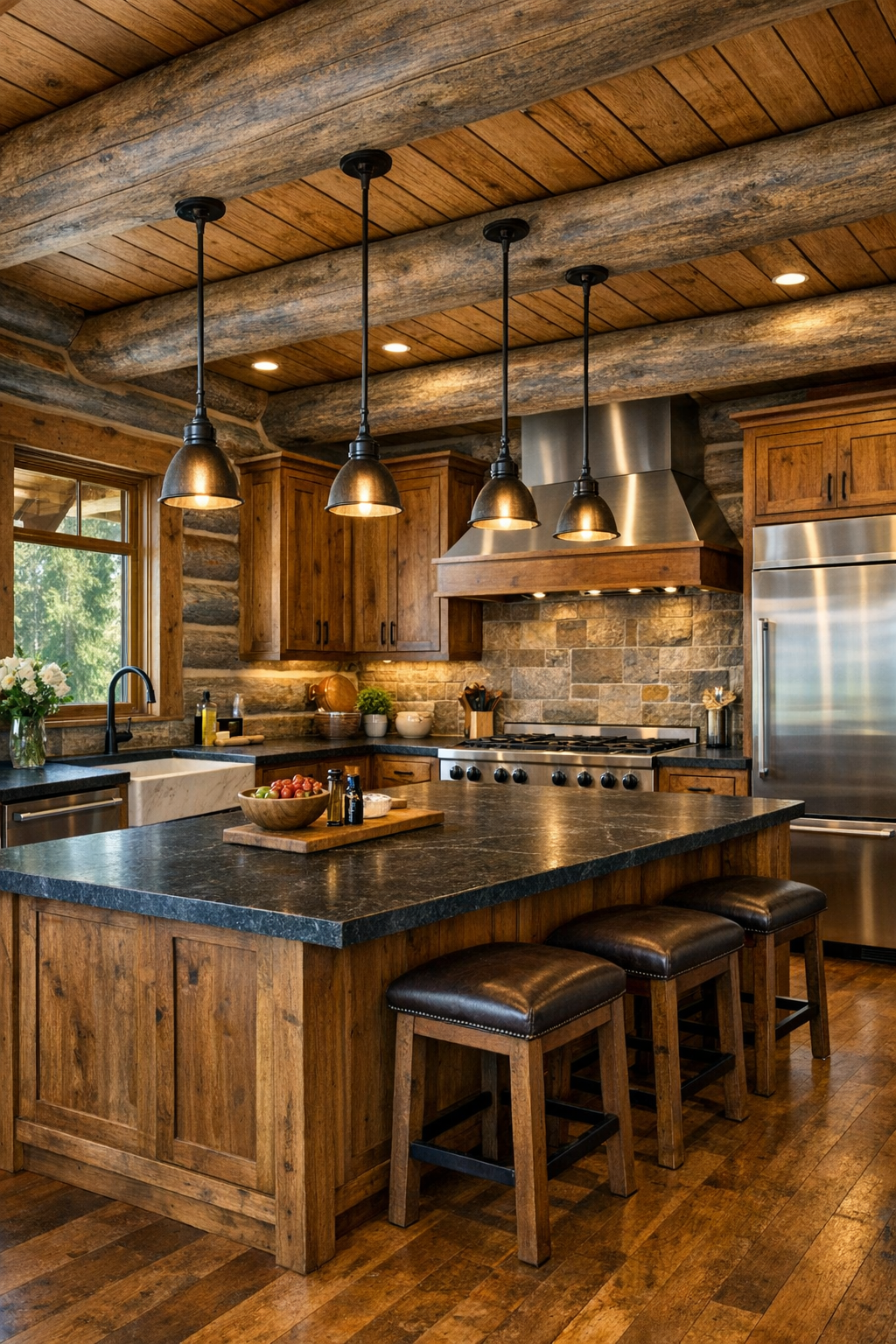 Kitchen with custom wood cabinetry, dark stone counters, and a large central island