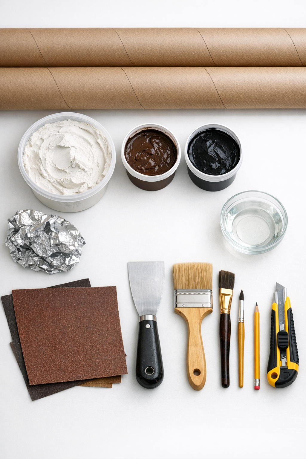 Cardboard tubes, plaster, paint, and basic household supplies laid out for making faux ceiling beams