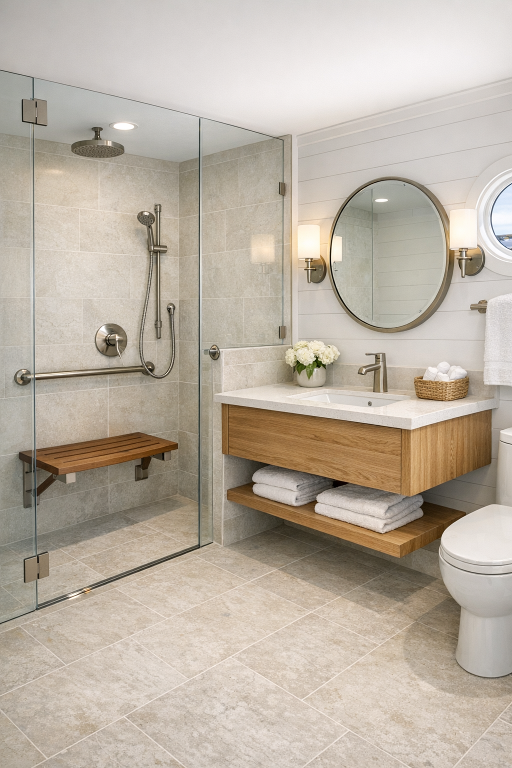 Elegant bathroom with curbless shower, pale limestone tile, and white oak vanity