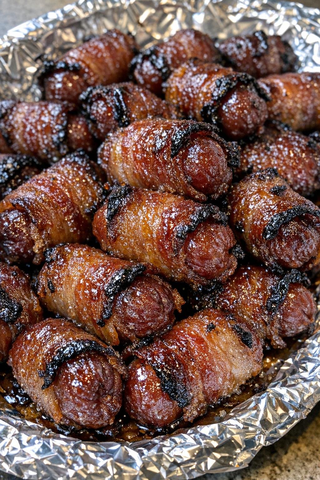 Close up of caramelized bacon wrapped sausages on a foil-lined platter