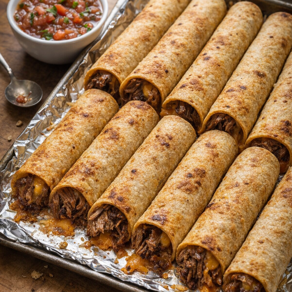 Tray of golden beef taquitos fresh from the oven