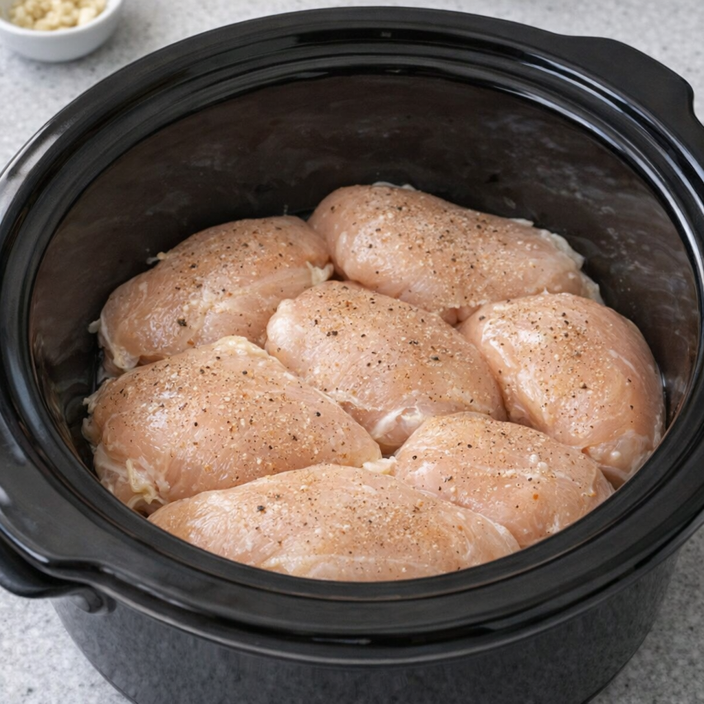 Chicken breasts arranged in a slow cooker