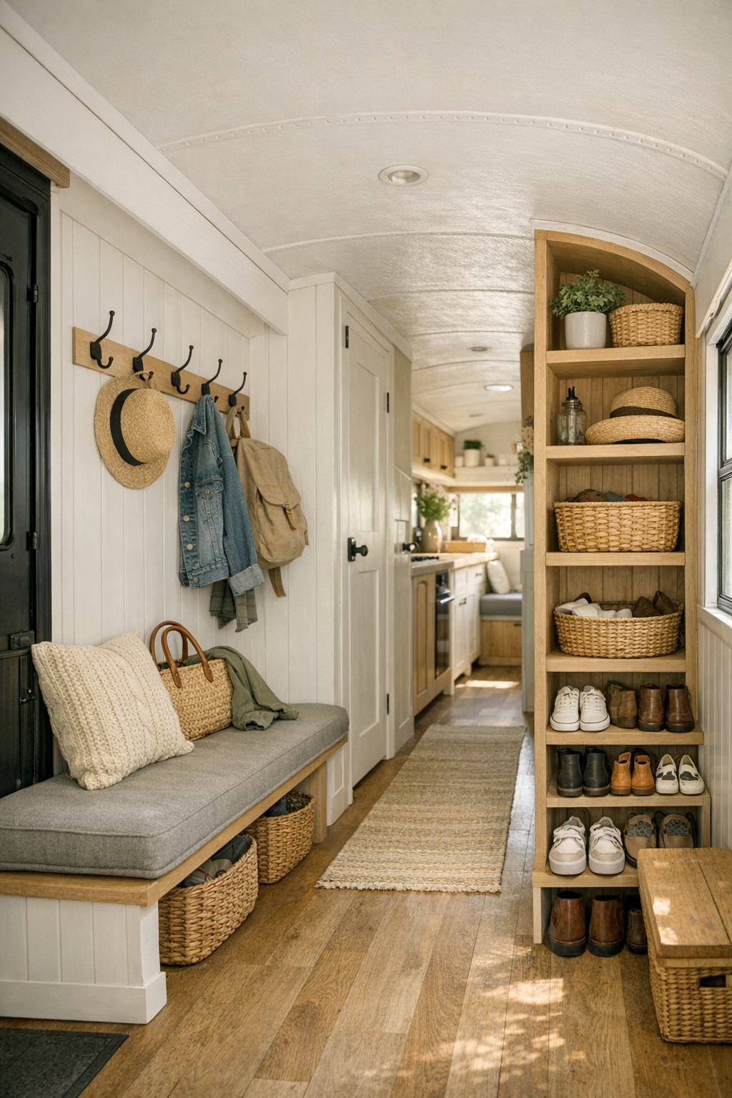 Thoughtful entry and hallway storage inside a converted bus with hooks bench seating and built-in shelves