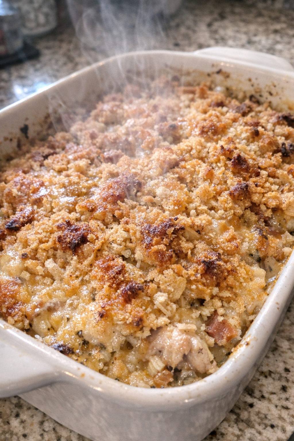 Bubbly golden casserole fresh from the oven