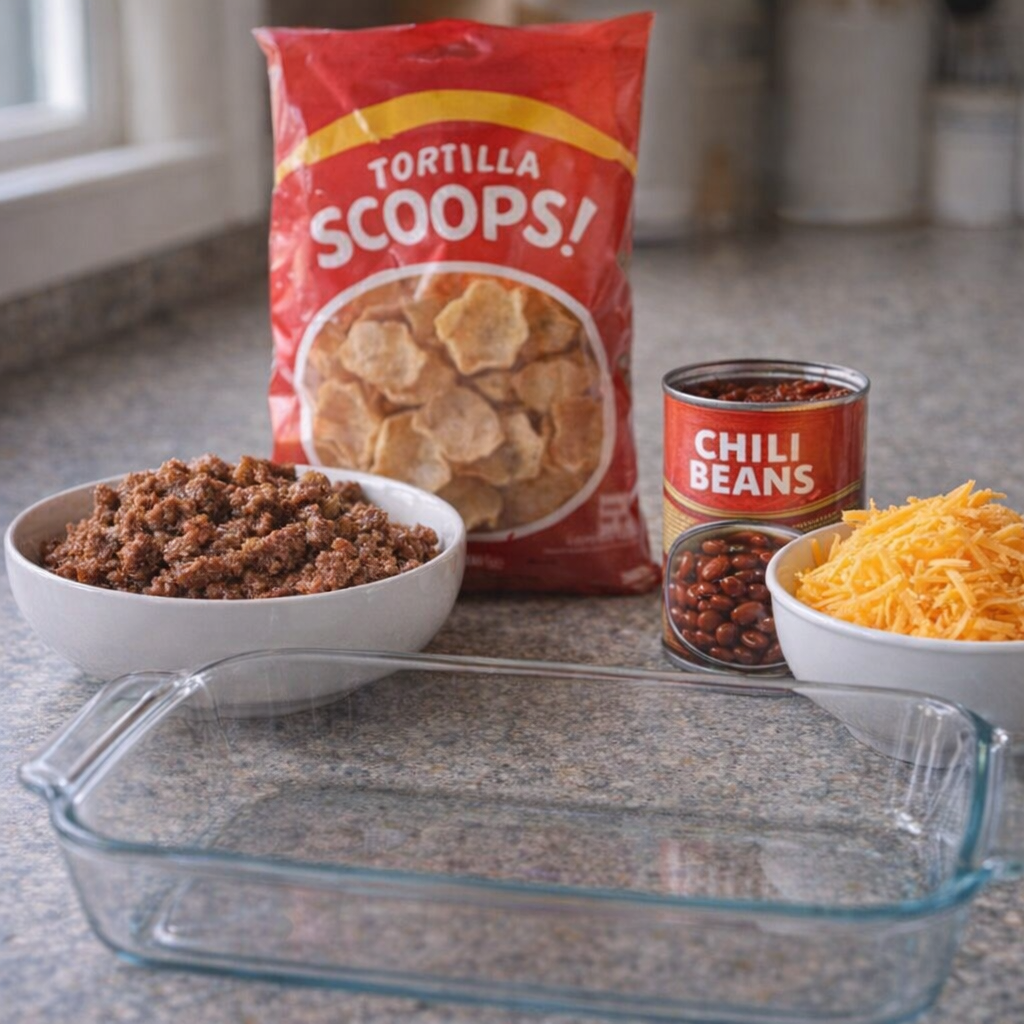 Ingredients for beef chili scoops arranged on a kitchen counter
