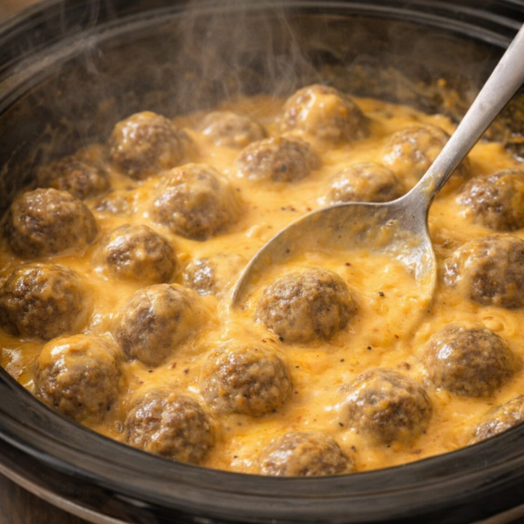 Cooked cheddar beef meatballs in the slow cooker with a spoon