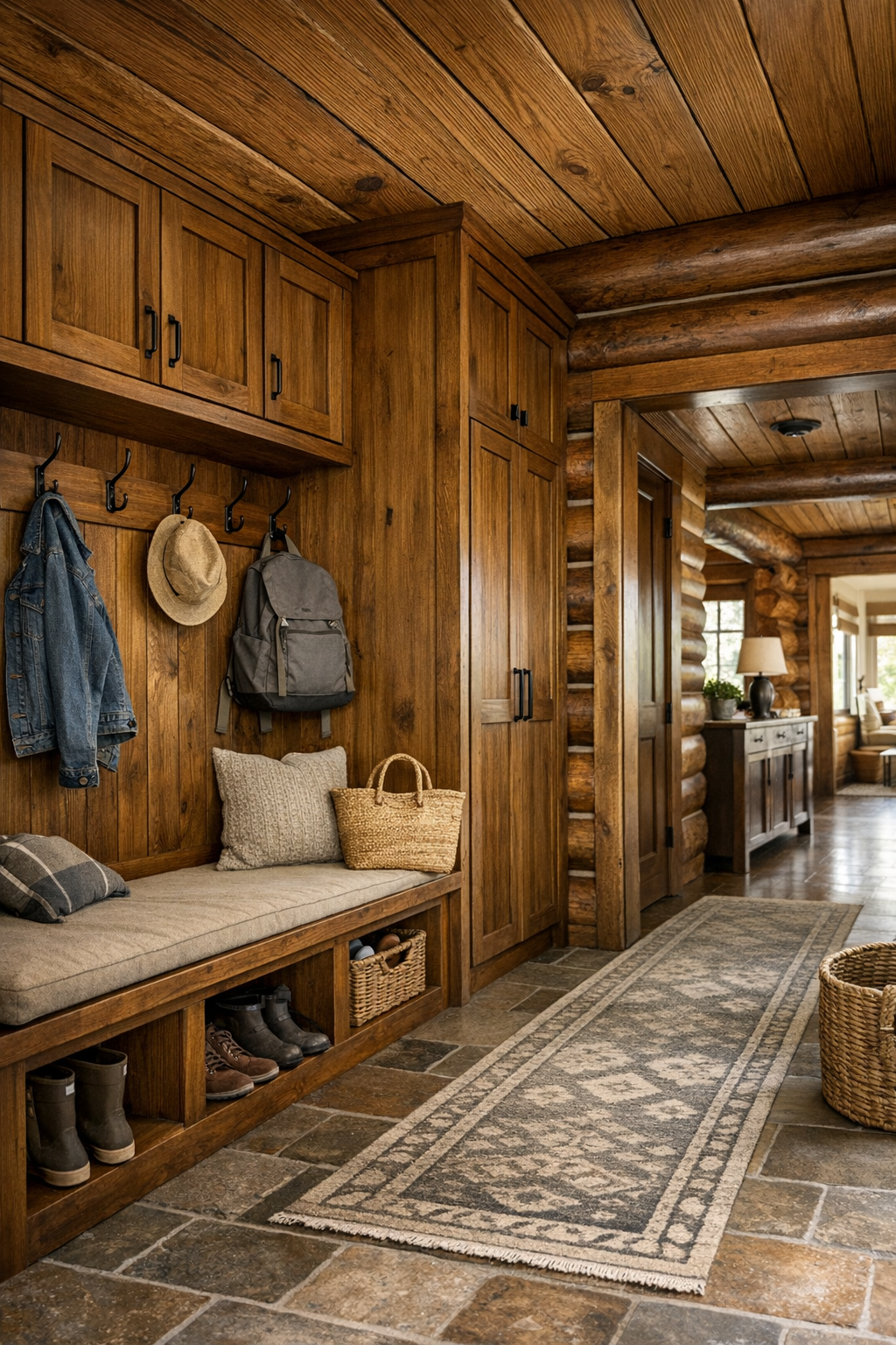 Functional mudroom and hallway with built-in storage, a bench, and warm wood finishes