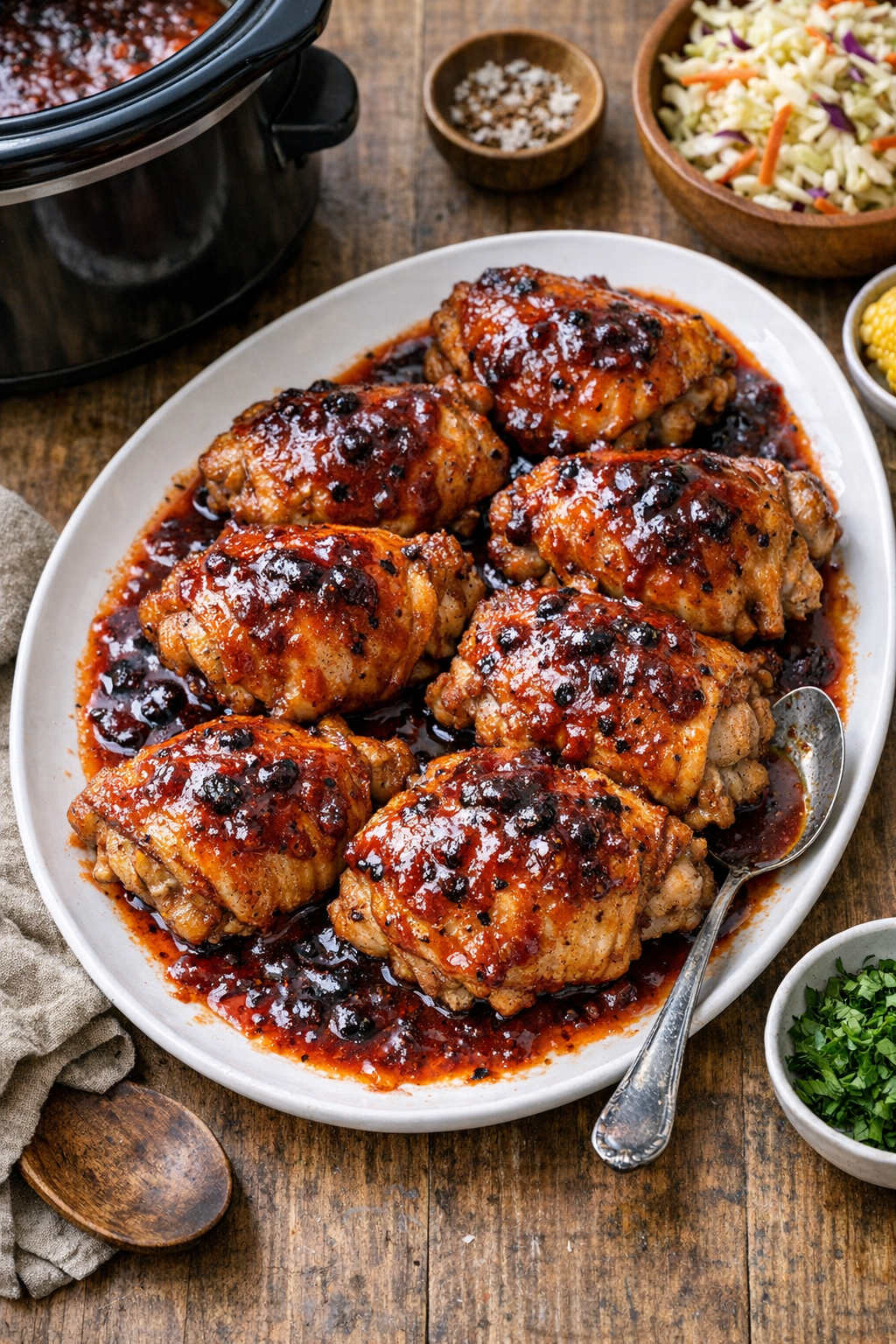 Finished slow cooker chicken thighs plated with glossy red sauce
