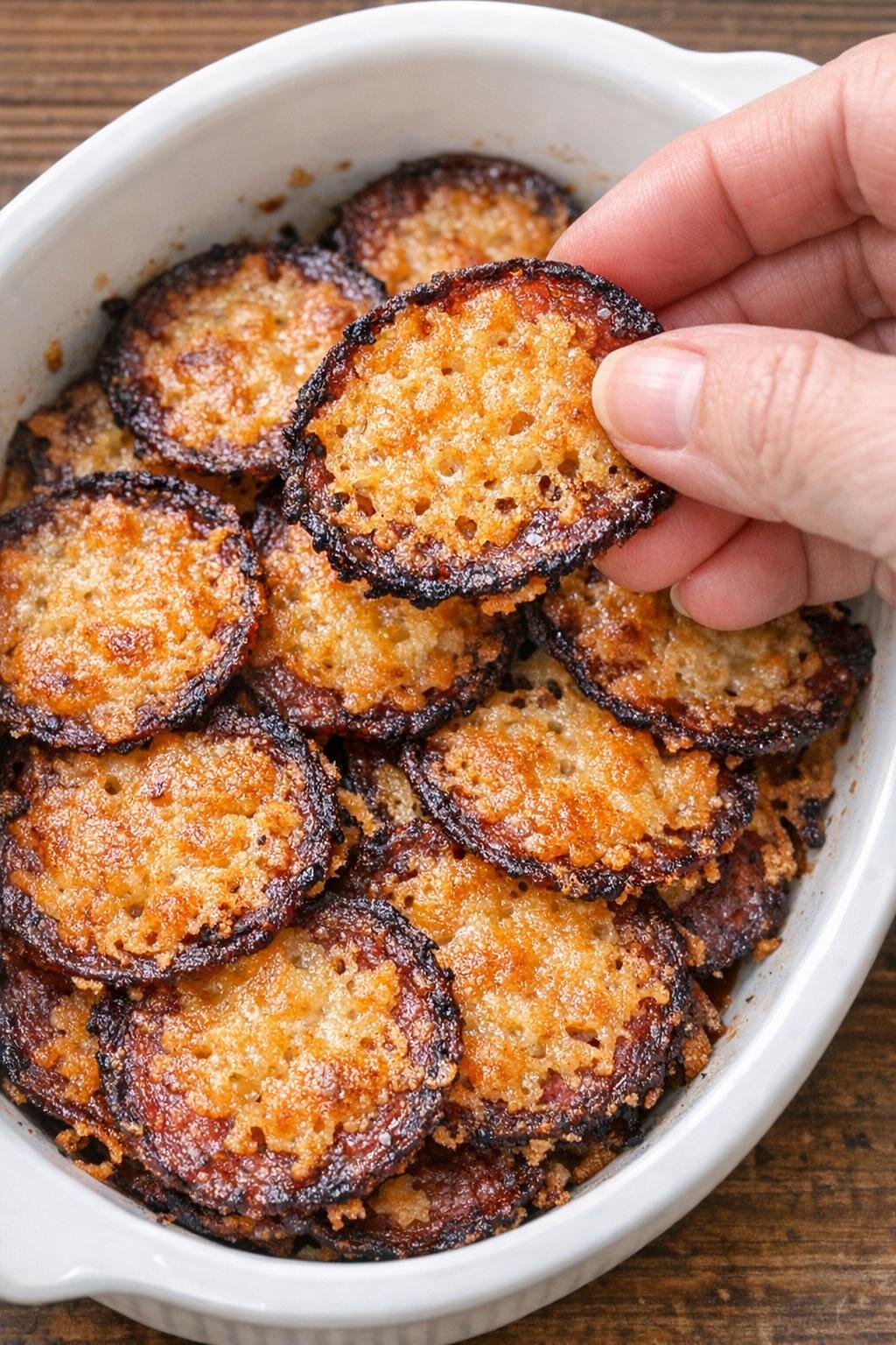 Low carb 3-ingredient salami Winslow crisps in a ceramic casserole dish