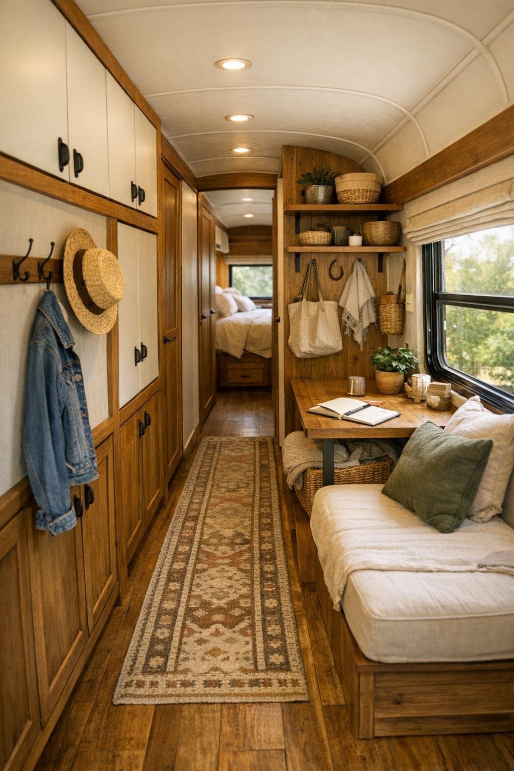 Functional corridor and multipurpose nook inside the converted bus