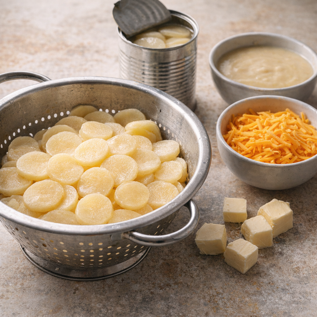 Drained canned potato slices ready for layering