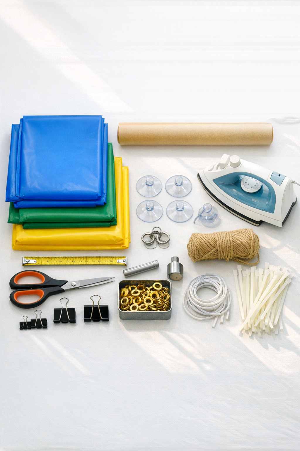 Plastic party tablecloths, parchment paper, and hanging supplies laid out for making patio sun shades