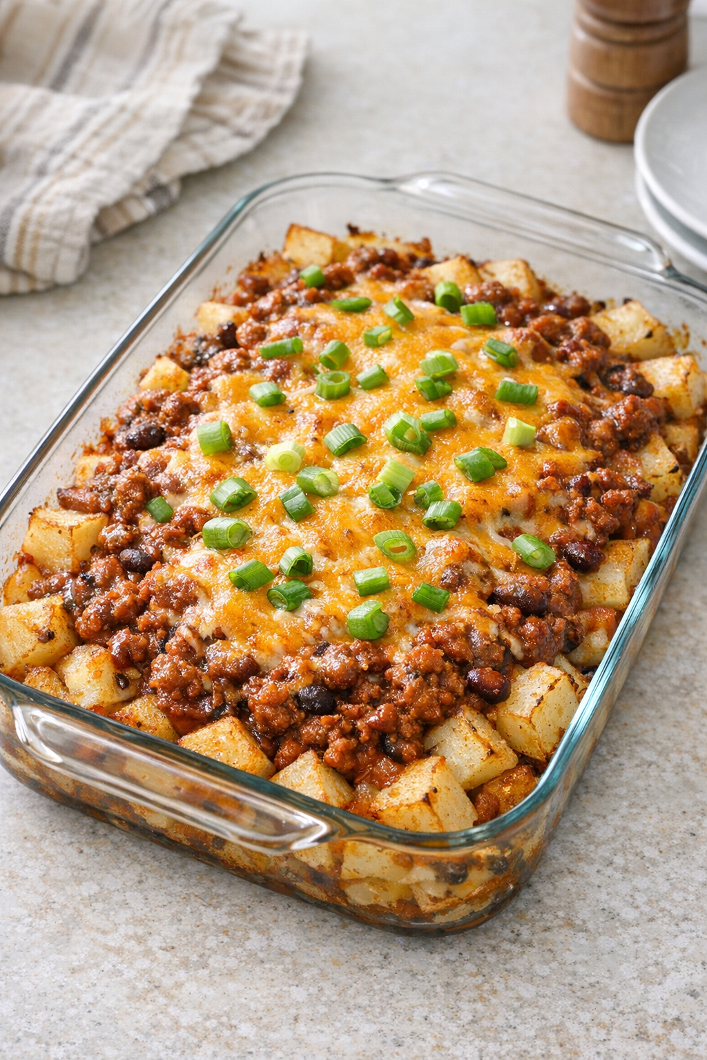 Finished baked chili cheese potatoes in a casserole dish