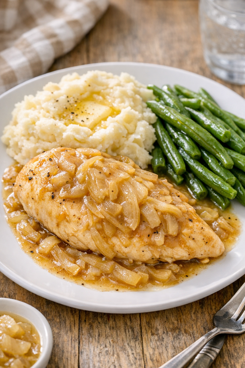 Finished slow cooker chicken plated with onion gravy