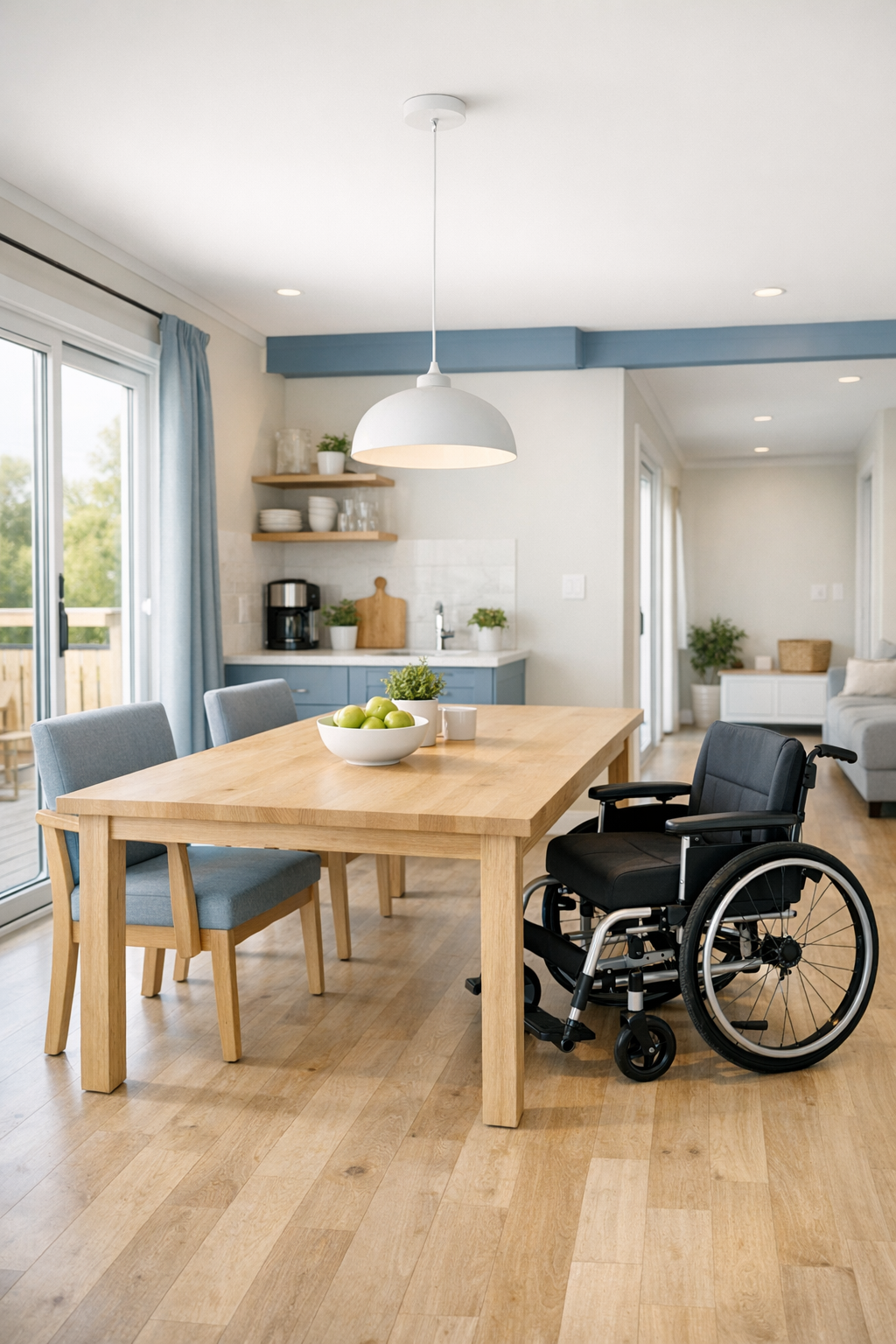 Bright open dining room with light wood table, supportive chairs, and blue-gray accents