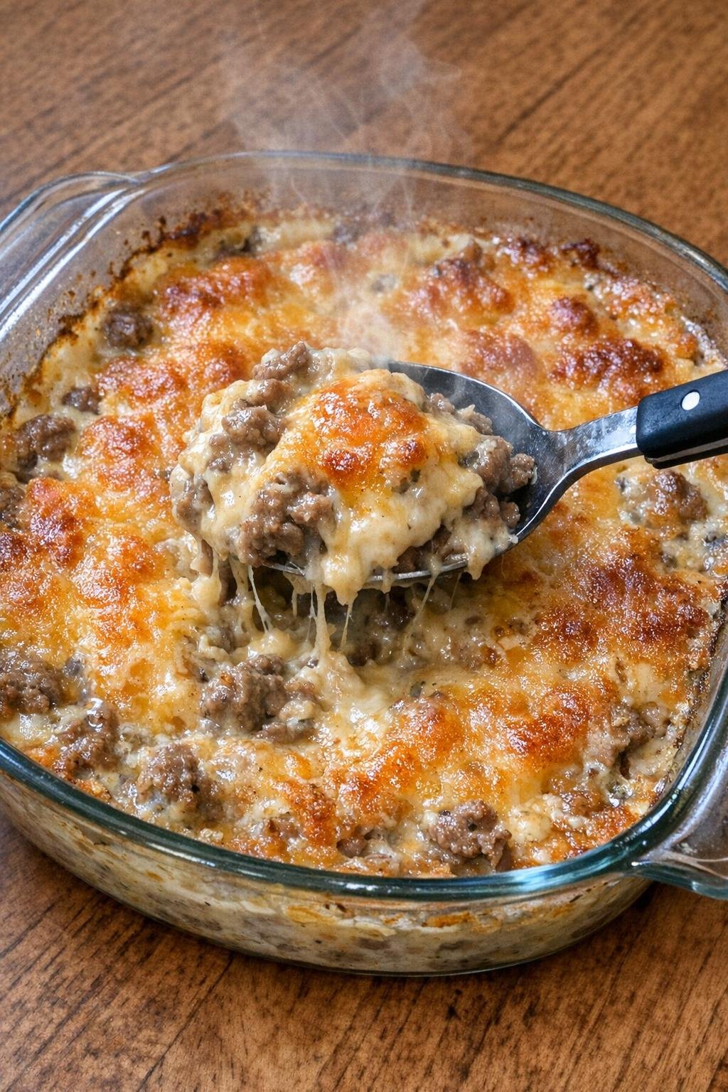 Warm savory beef bites with melted cheese in a glass casserole dish