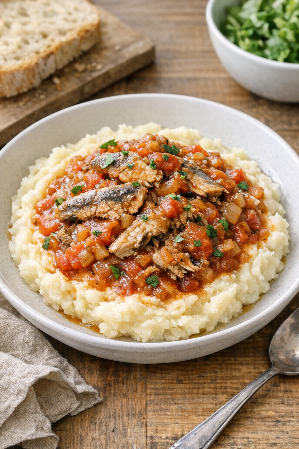 Finished slow cooker herring served over mashed potatoes