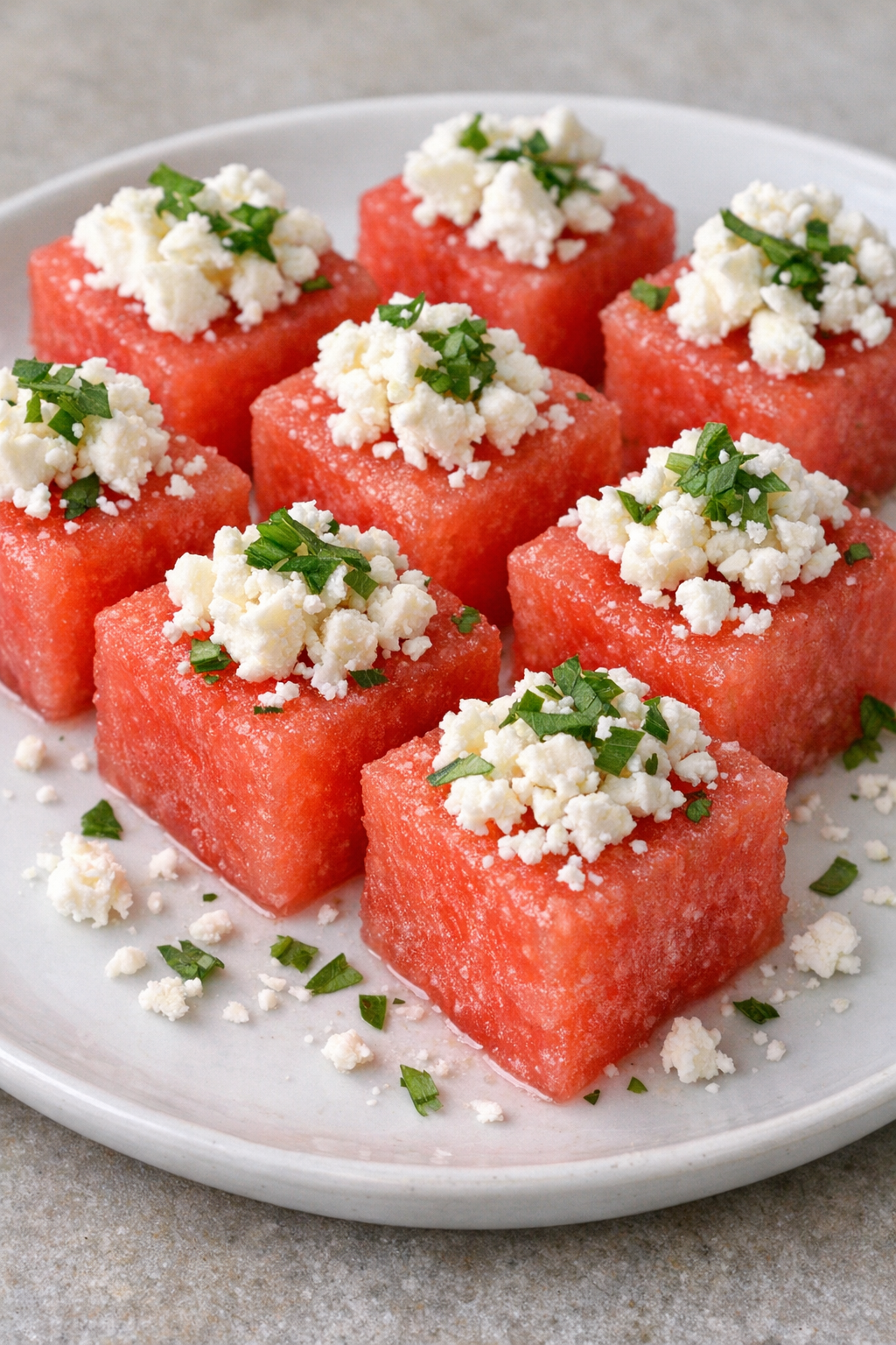 Southern 4-ingredient watermelon feta bites plated and ready to serve