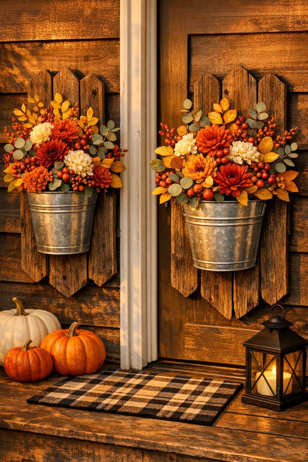 Finished autumn wall planters made from tin buckets and fence pickets on a front porch