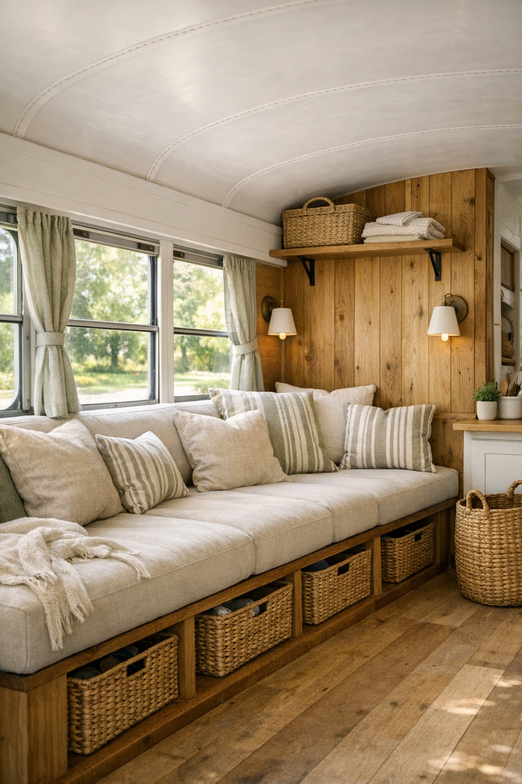 Cozy built-in living room inside the converted bus with bench sofa and warm wood finishes
