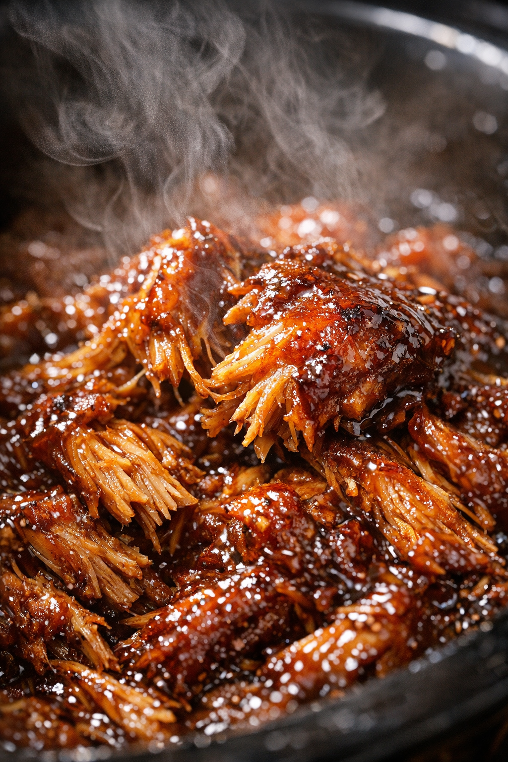 Slow cooker glazed shredded chicken close-up
