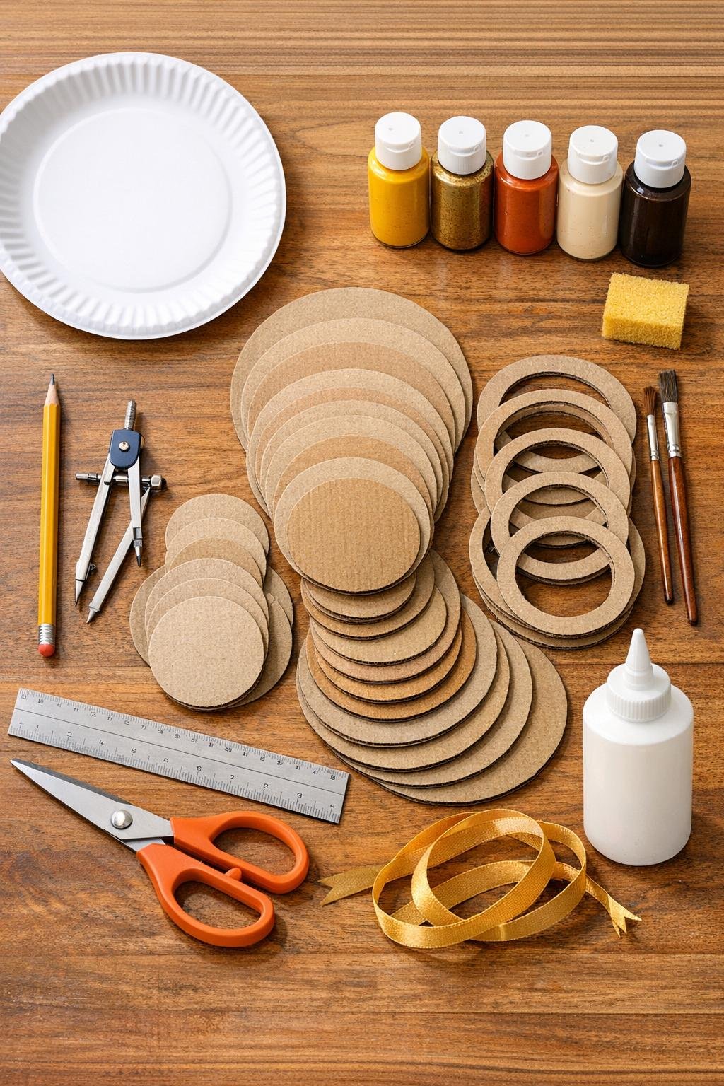 Materials laid out for stacked cardboard harvest moon art