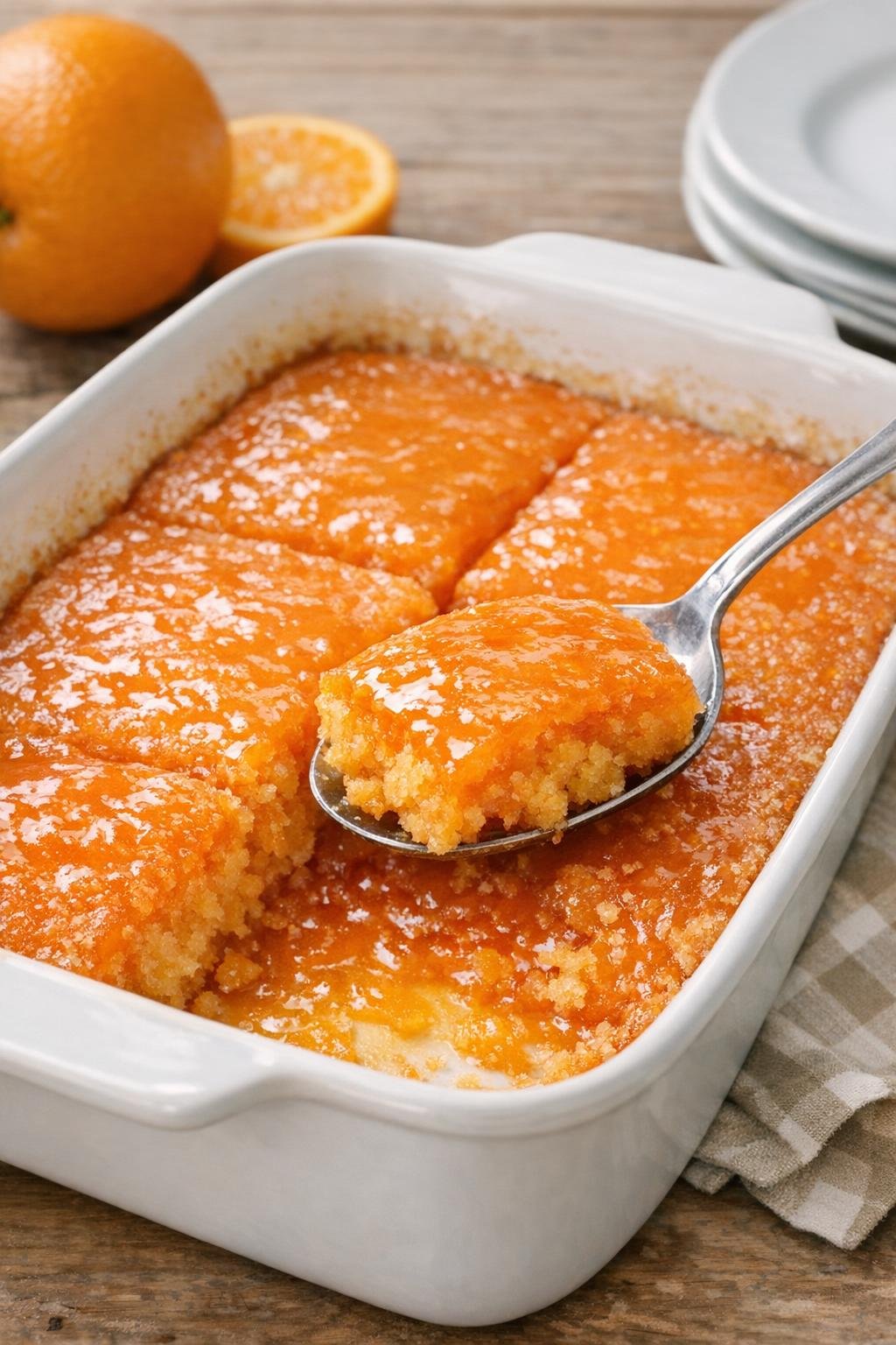 Finished baked orange gelatin dessert in a ceramic casserole dish