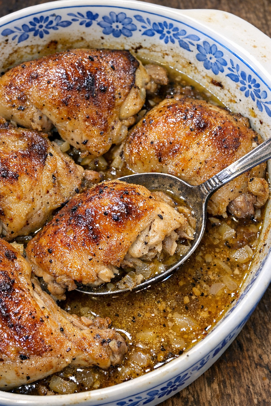 Tender chicken quarters in a blue floral casserole dish