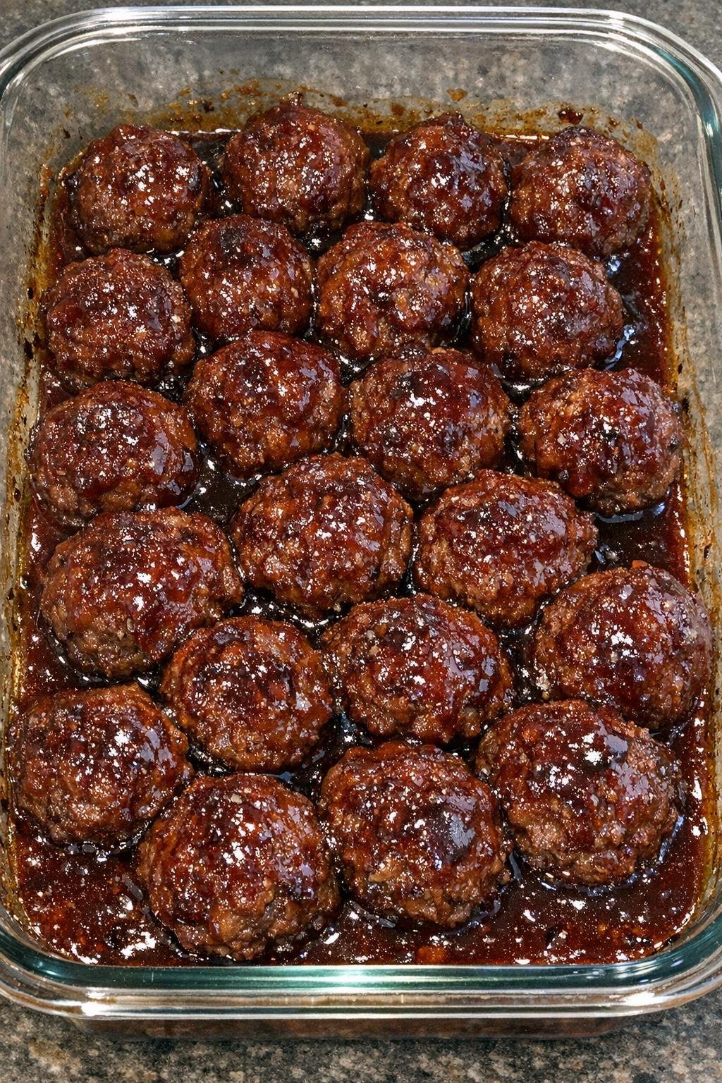 Oven baked 3-ingredient beef cocktail meatballs in a glass casserole dish