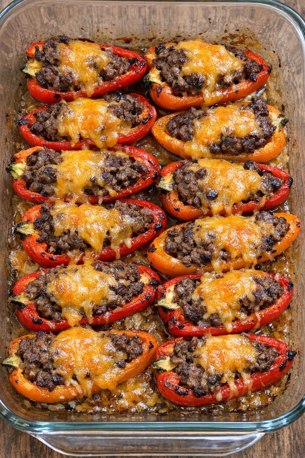 Oven baked beef stuffed mini peppers in a glass casserole dish