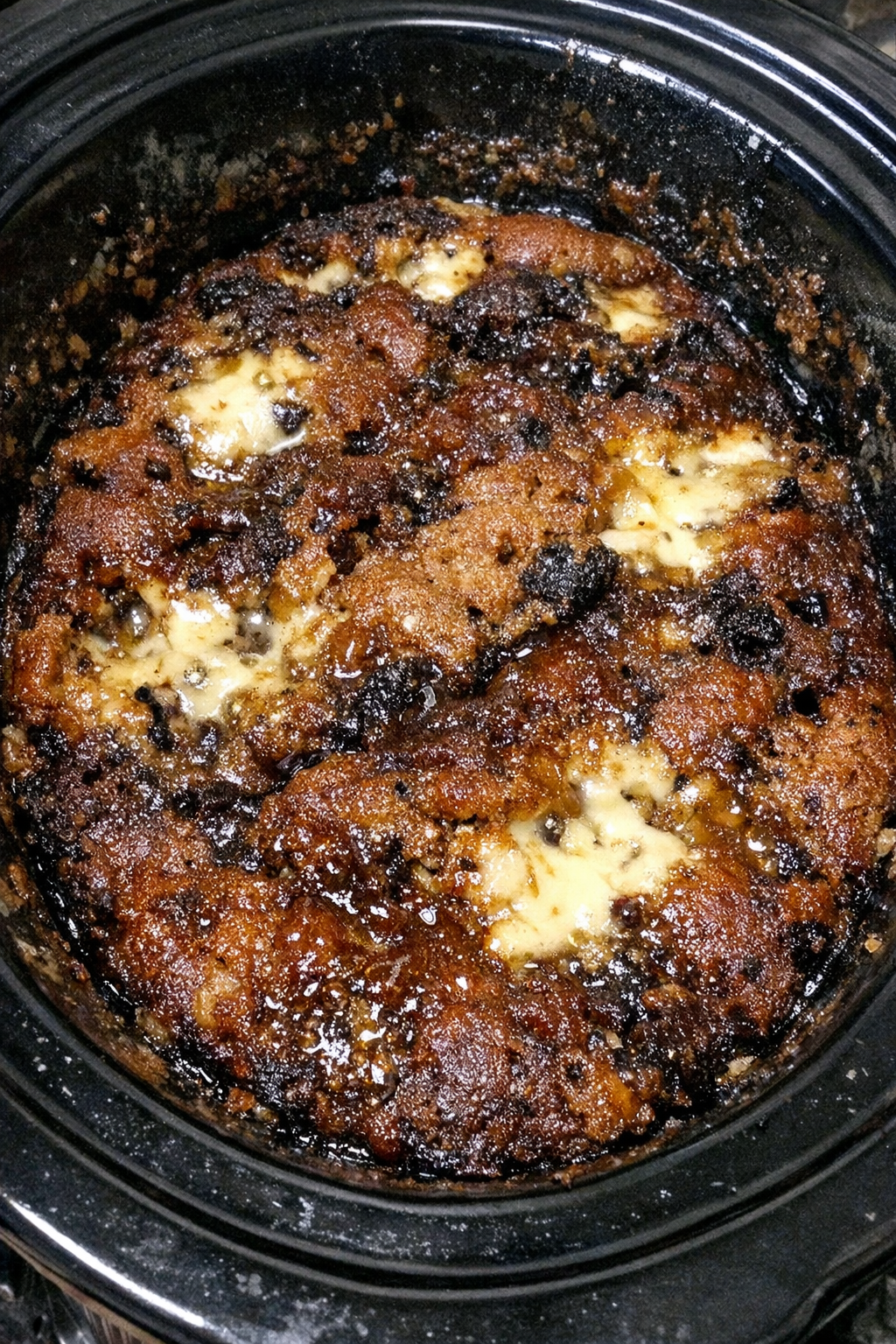 Slow cooker vintage earthquake cake finished in the crock