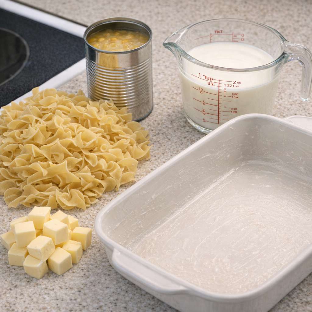 Egg noodles and ingredients arranged on a kitchen counter