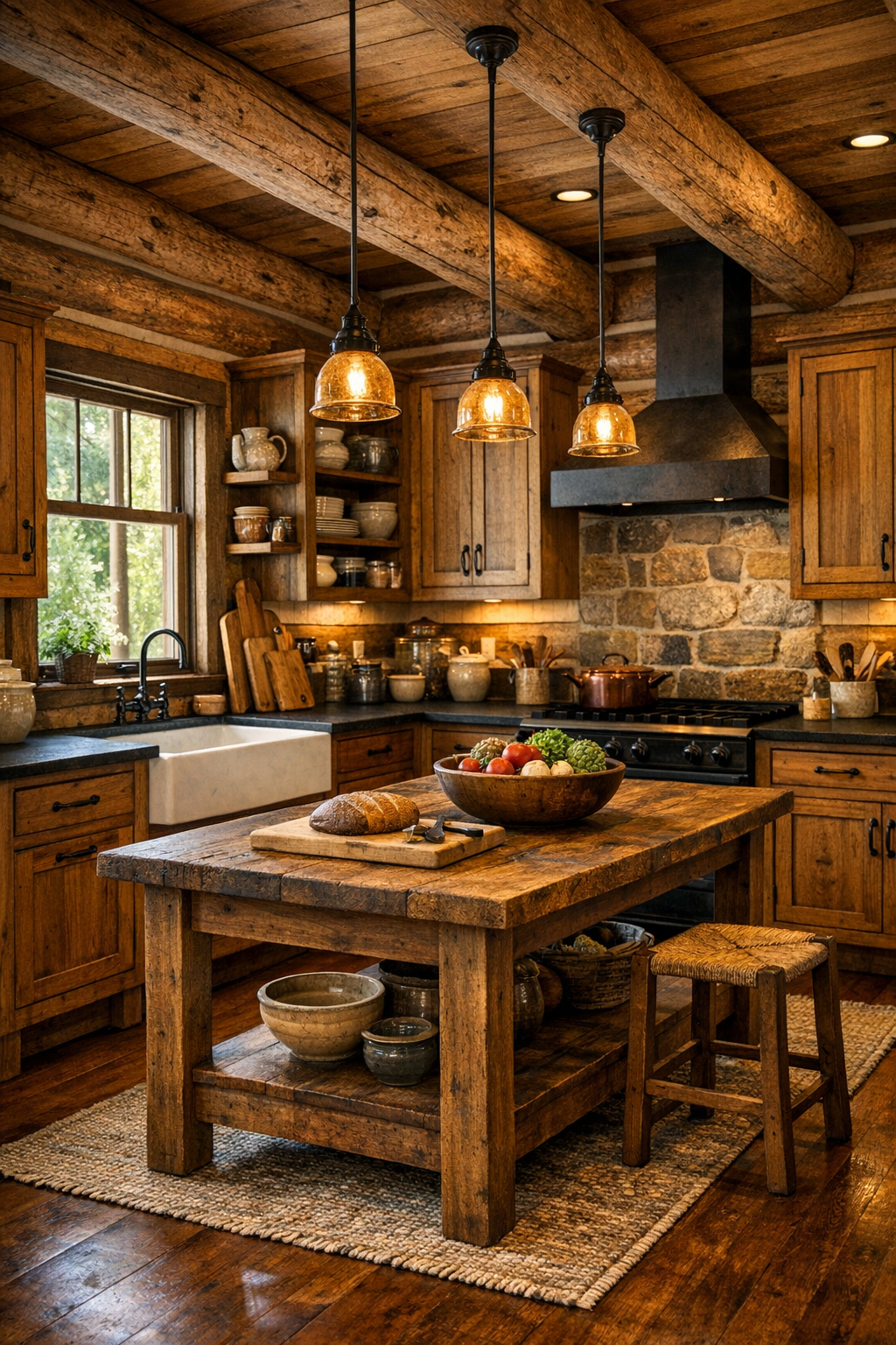 Rustic kitchen with solid wood cabinetry, farmhouse sink, and stone counters