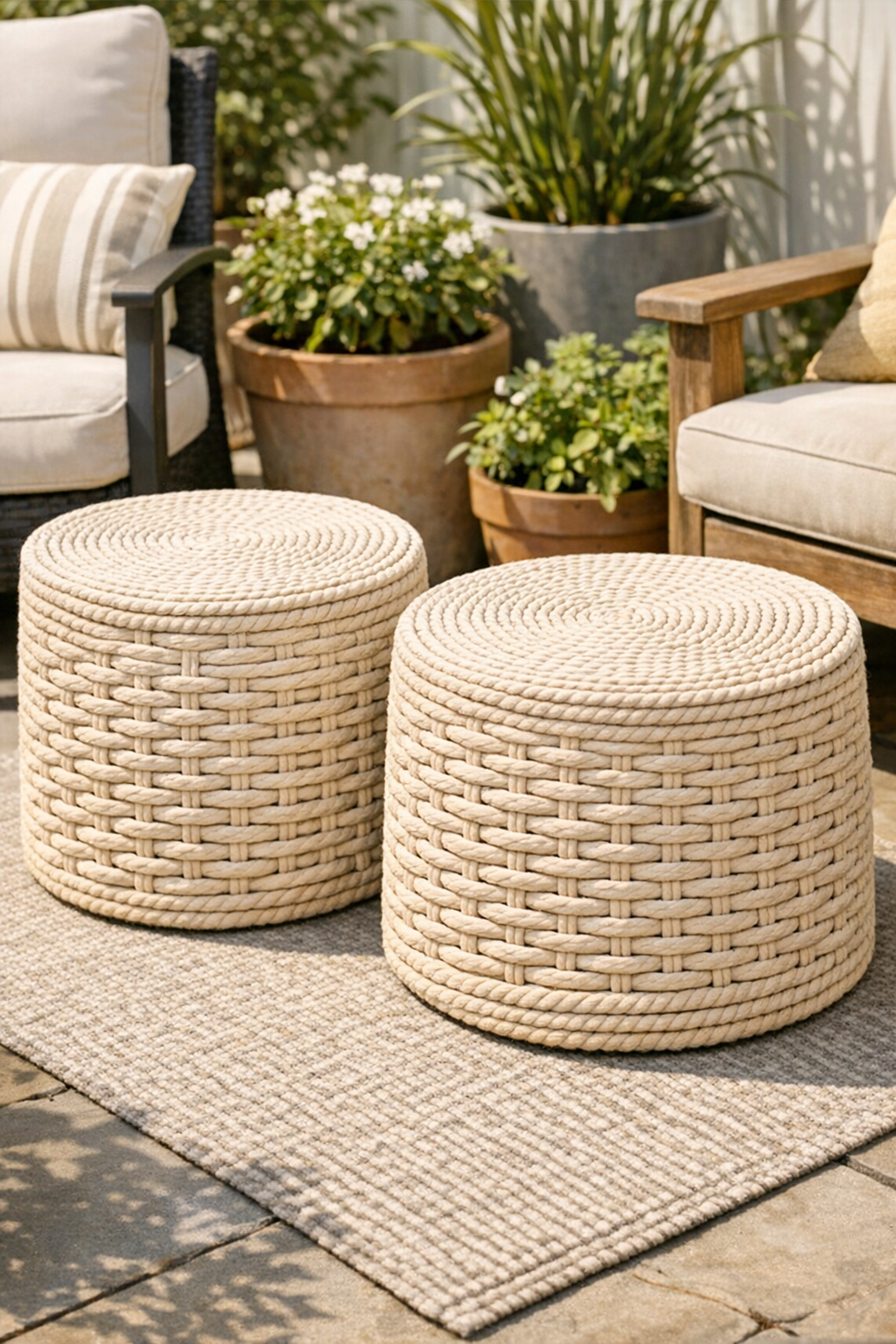 Finished faux wicker patio tables made from rope-wrapped plastic storage bins