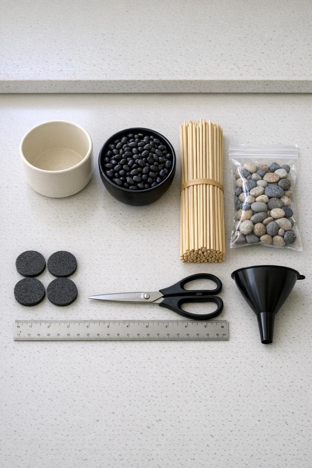 Materials for the DIY kitchen knife block laid out on a counter