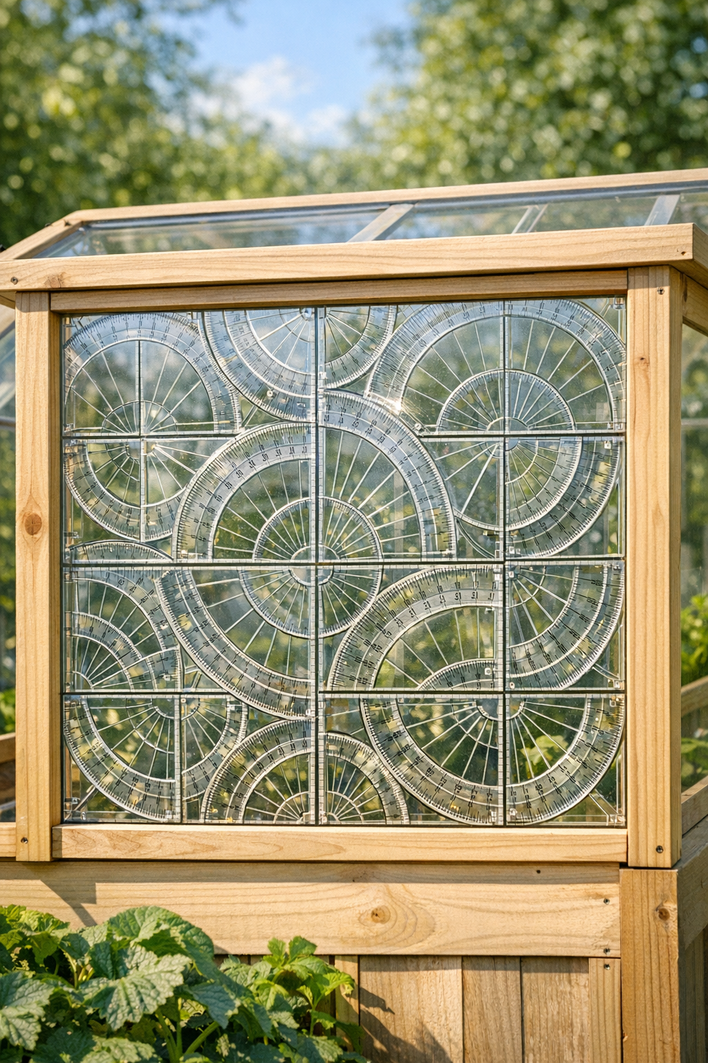 Finished DIY shatterproof greenhouse pane made from baked clear plastic protractors