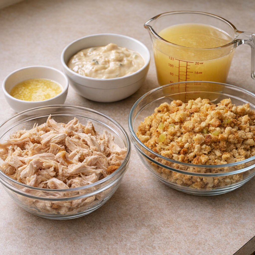 Ingredients for chicken and stuffing bake on a countertop