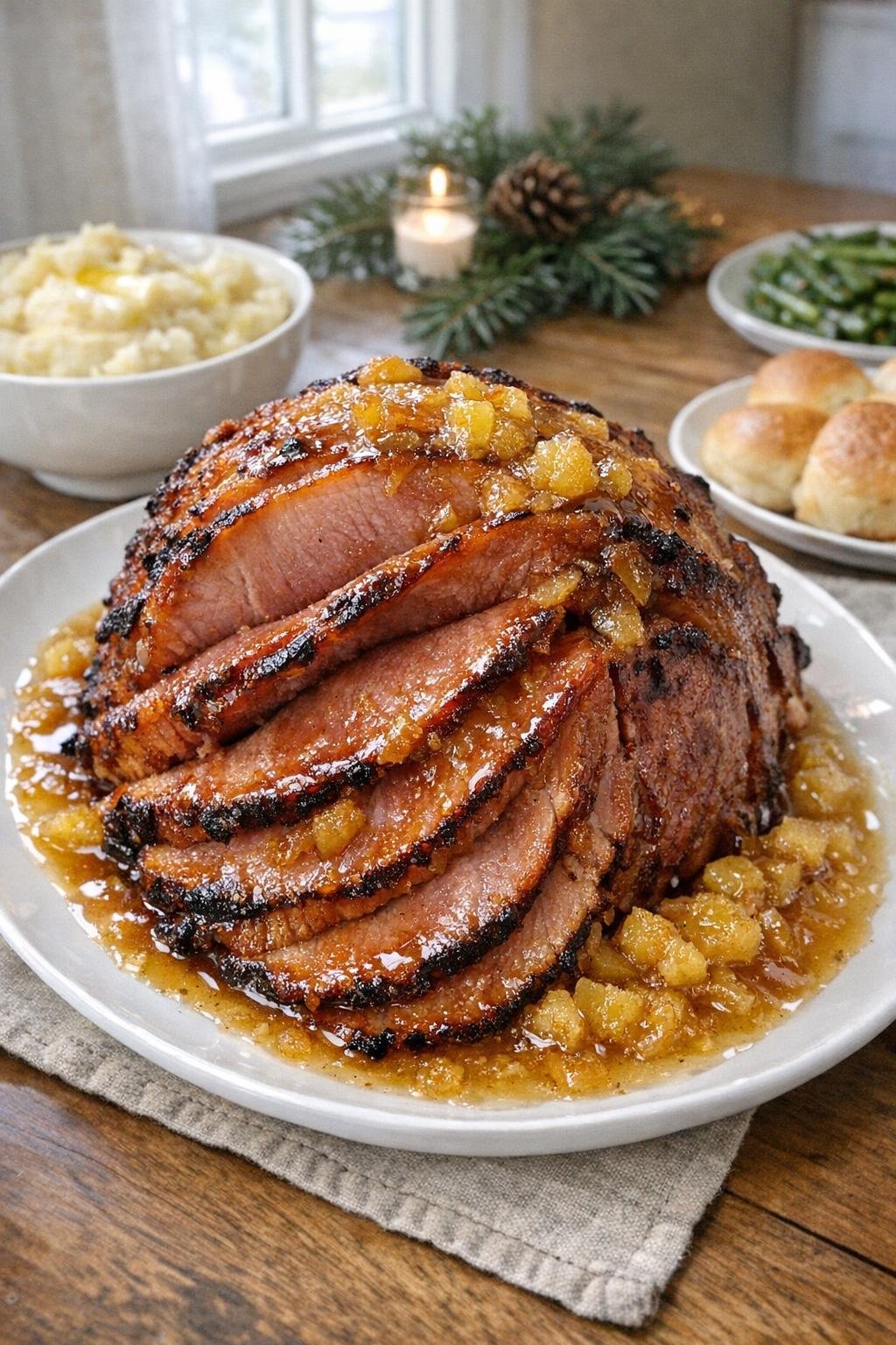 Finished glazed spiral ham on a serving platter