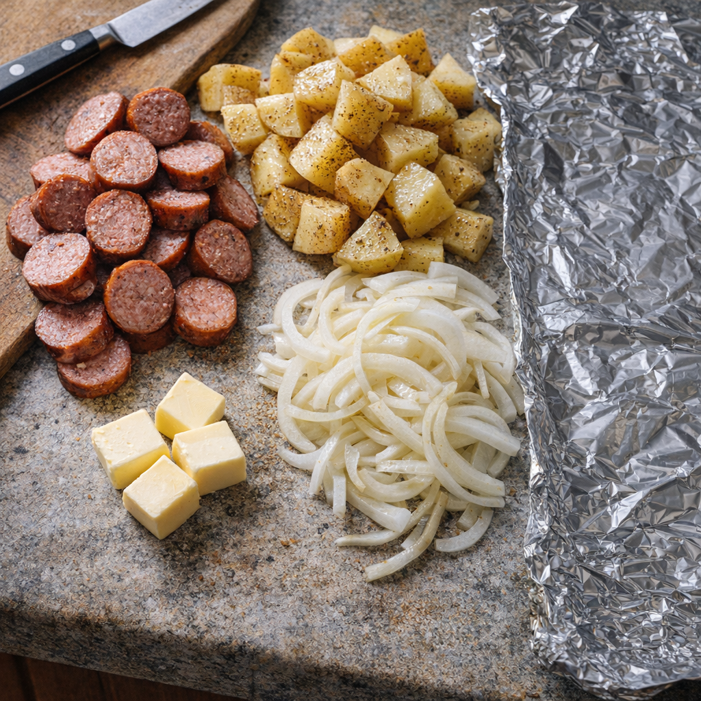 Ingrediënten voor het avondeten in foliepakjes op een boeren aanrecht.
