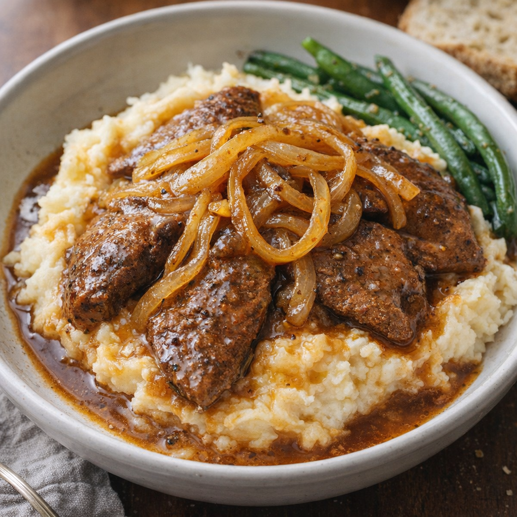 Slow cooker pork liver and onions served over mashed potatoes