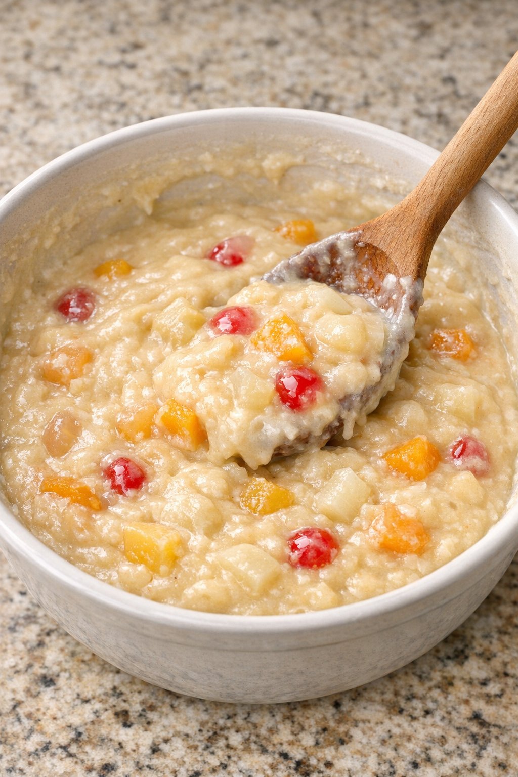 Cake batter being mixed in a bowl
