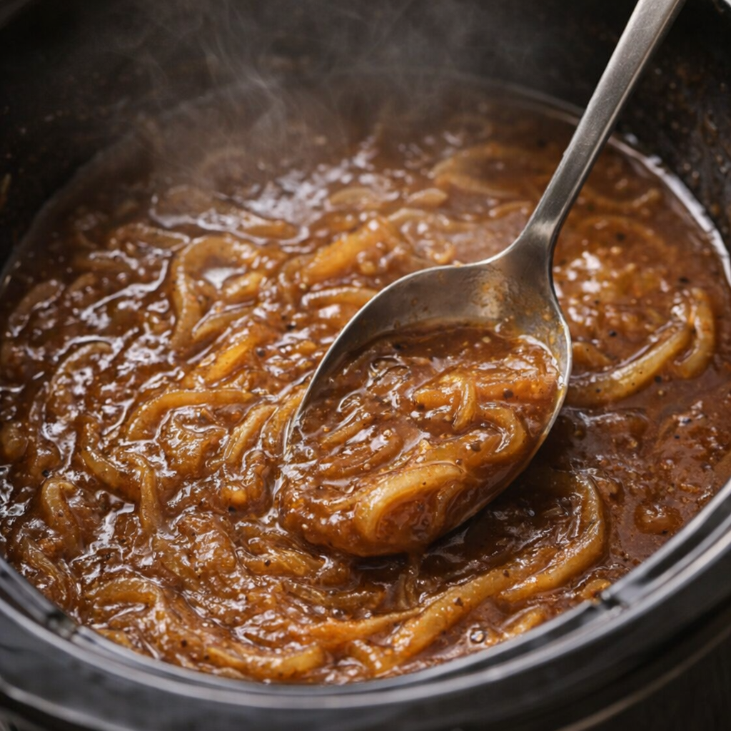 Onion gravy being stirred in a slow cooker