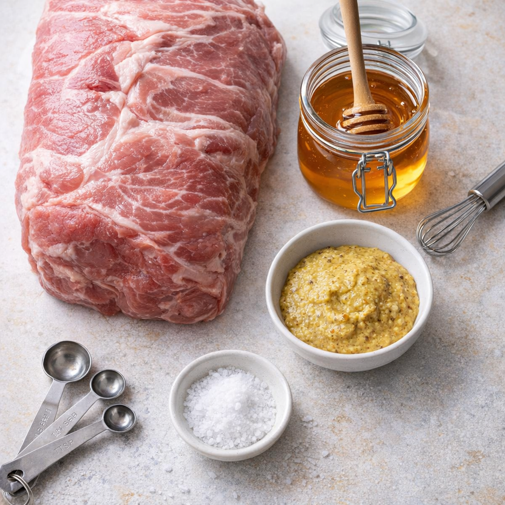 Ingredients for honey mustard pork roast on a kitchen counter