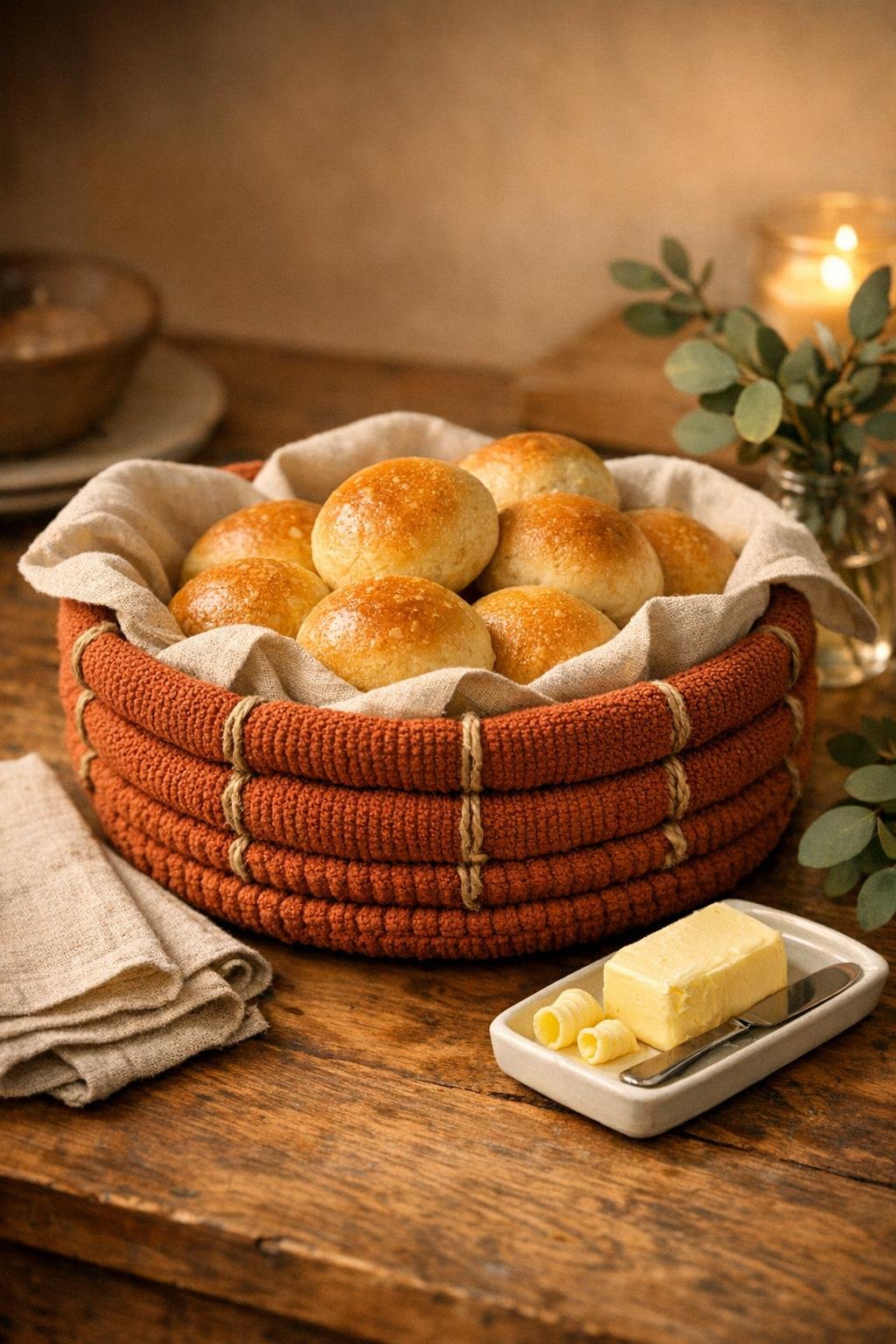 Finished coiled washcloth bread basket styled on a table