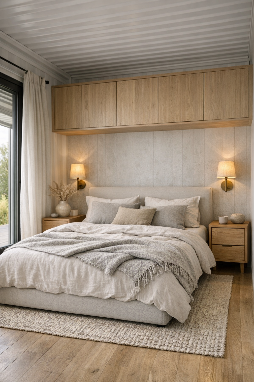 Bedroom with upholstered bed, oak nightstands, linen bedding, and soft neutral textures