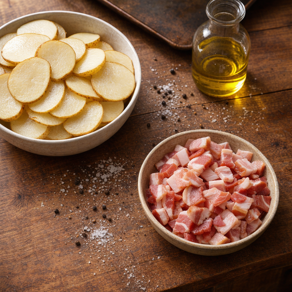 Rustic tray of sliced potatoes and chopped bacon on a farmhouse counter